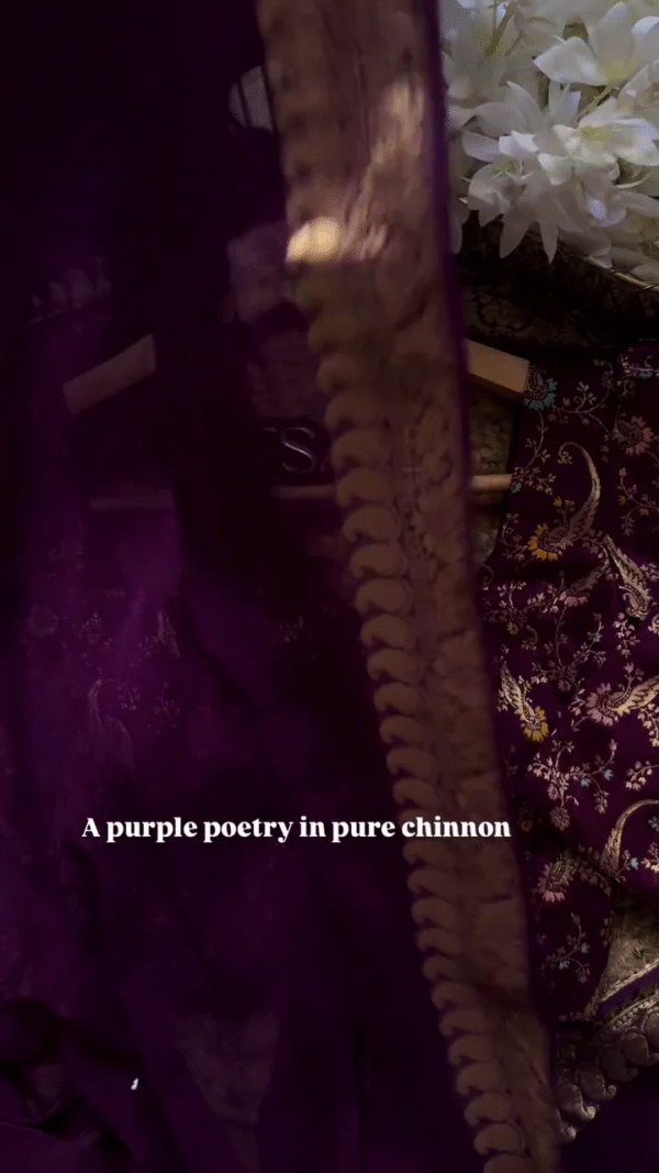 A pure chinnon purple jacquard and embroidery saree is a stunning choice for traditional and festive occasions