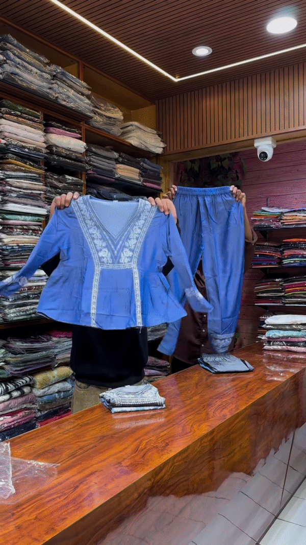 Blue Embroidered Long-Sleeve Top and Matching Pants Set with White Threadwork