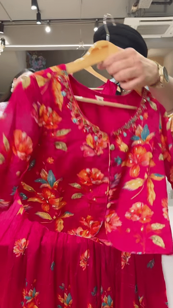 Bright Red Floral Printed Ethnic Dress with Coordinated Jacket for Women