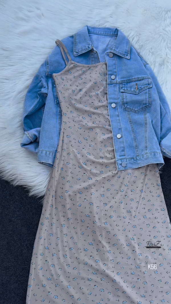 Casual Floral Midi Dress with Denim Jacket – Effortless Chic