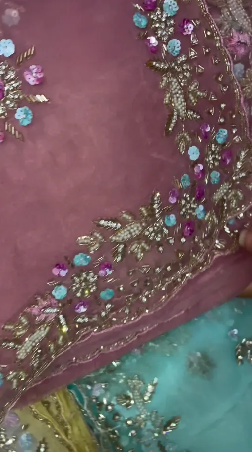 Dusty Rose Organza Saree with Multi-Colored Sequin Floral Borders
