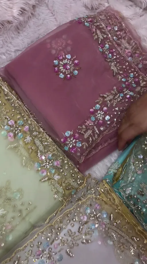 Dusty Rose Organza Saree with Multi-Colored Sequin Floral Borders