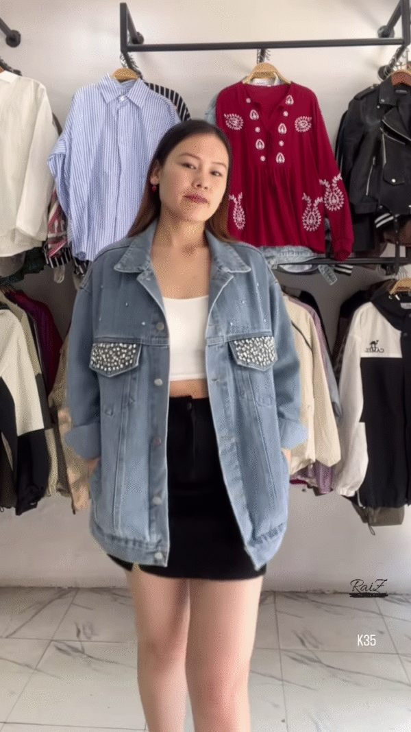 Embellished Oversized Denim Jacket – Edgy & Chic