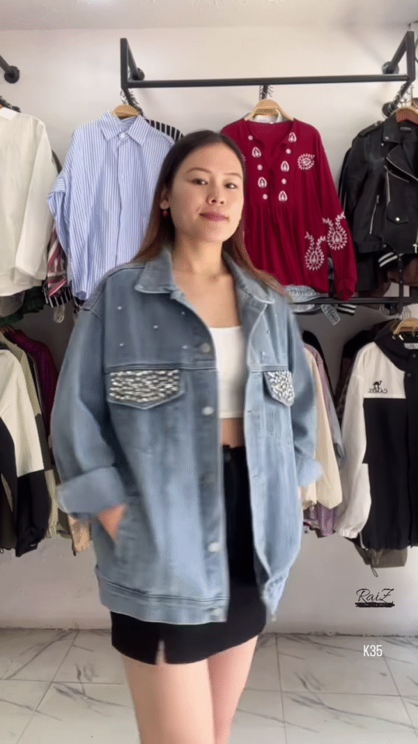 Embellished Oversized Denim Jacket – Edgy & Chic