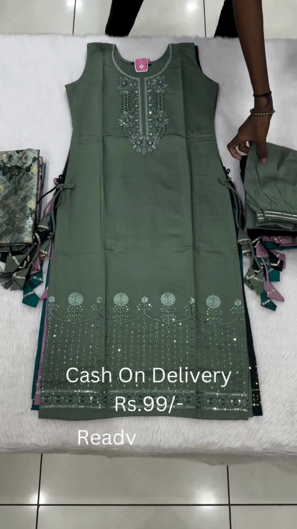 Embellished Straight-Cut Suit Set with Floral Embroidery and Digital Print Dupatta