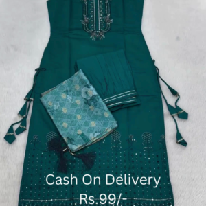 Embellished Straight-Cut Suit Set with Floral Embroidery and Digital Print Dupatta