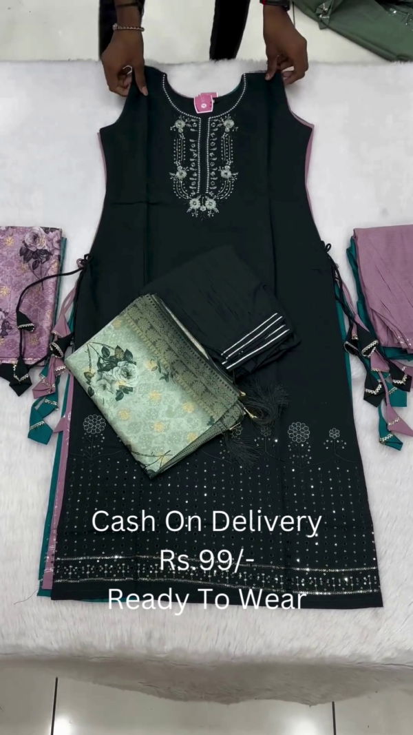 Embellished Straight-Cut Suit Set with Floral Embroidery and Digital Print Dupatta