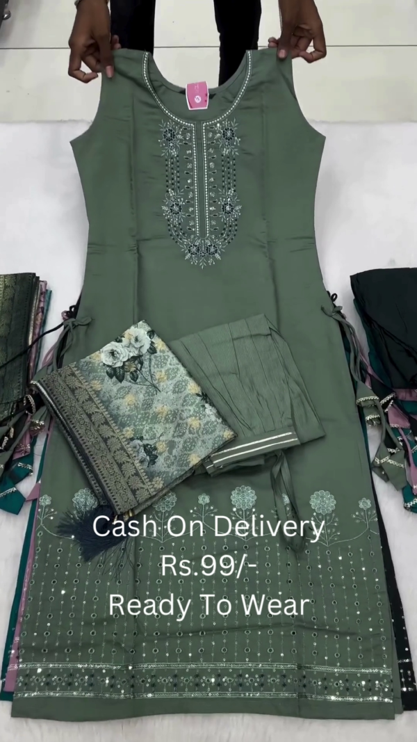 Embellished Straight-Cut Suit Set with Floral Embroidery and Digital Print Dupatta