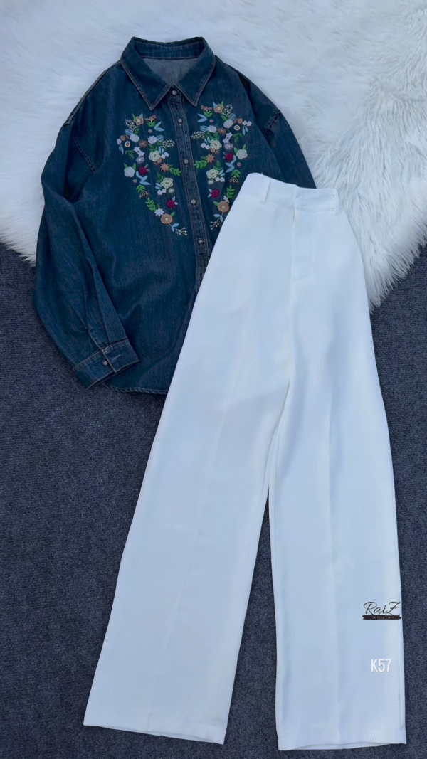 Embroidered Denim Shirt with White Wide-Leg Pants – Classic & Elegant
