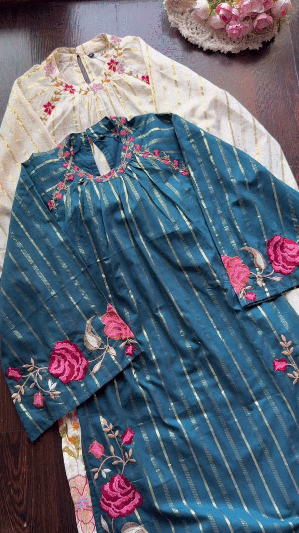 Embroidered Kurta Trio with Gold Stripes – Floral Neckline Ethnicwear in Green, Blue & White