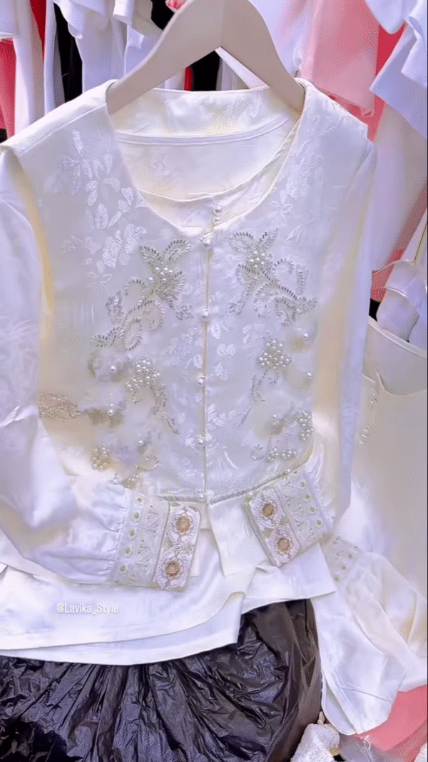 Exquisite Silk and Brocade Top with Pearl and Sequin Embellishments