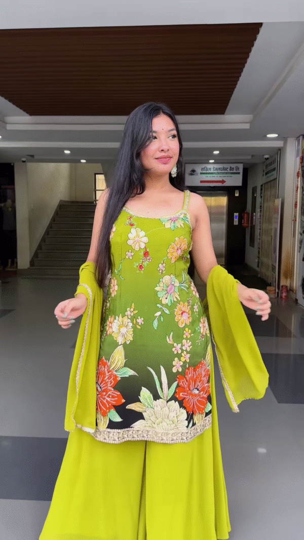 '- Lime Green Floral Embroidered Suit Set with Dupatta – Vibrant Traditional Ensemble for Women