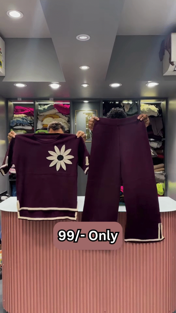 Maroon Two-Piece Sweater Set with Embroidered Daisy