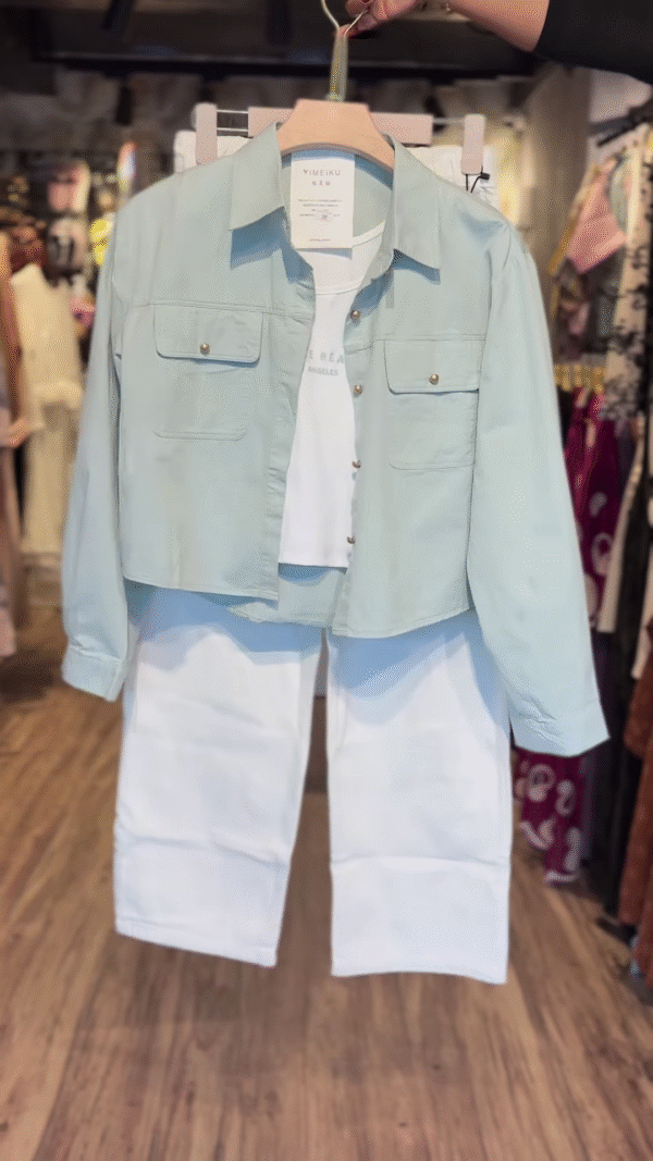 Mint Green Cropped Jacket & White Wide-Leg Pants – Minimalist Elegance with a Modern Touch