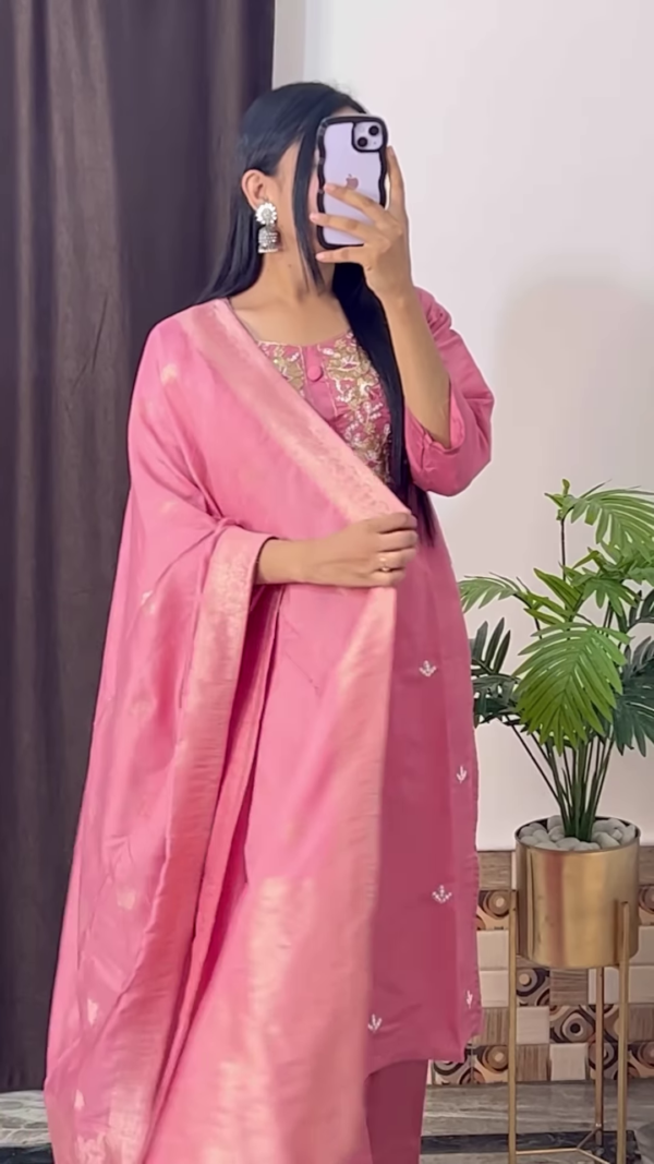 Mustard Yellow Silk Kurta with Ethnic Floral Embroidery and Pink Dupatta - Vibrant Festive Suit Set