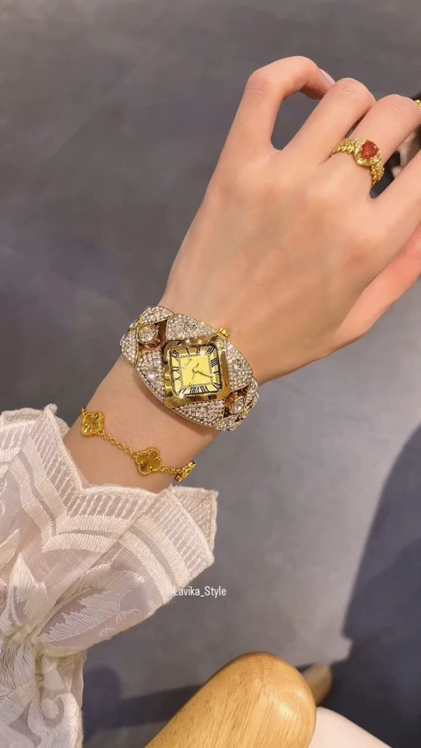 Opulent Gold-Toned Statement Watch and Bracelet Set
