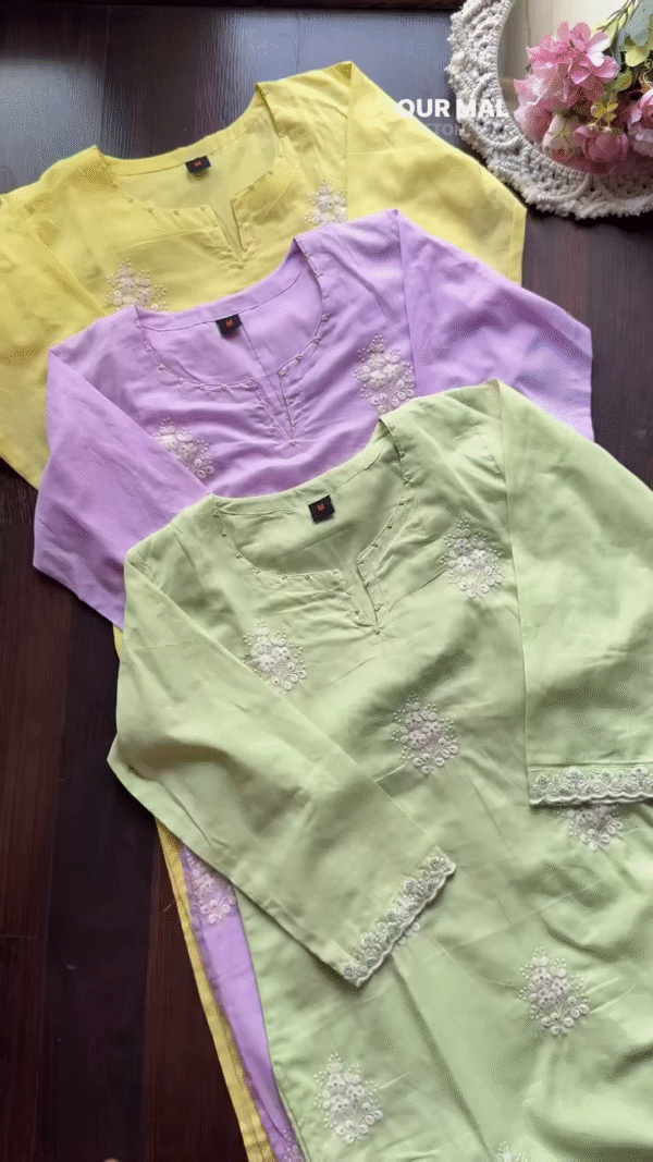 Pastel Embroidered Mulcotton Kurtas – Floral Ethnicwear in Yellow, Lavender & Light Green