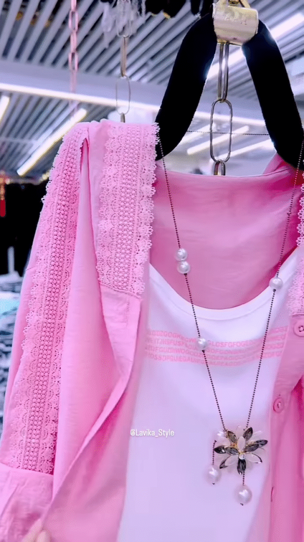 Pastel Pink Overshirt with Lace and Pearl Necklace