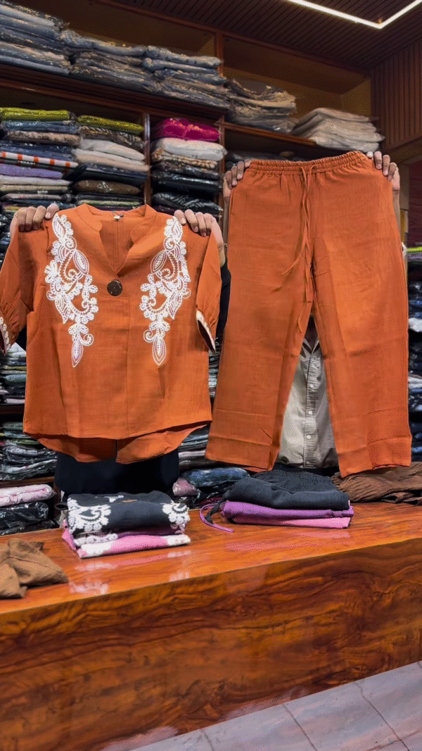 Pink Embroidered Two-Piece Set with Front Button Top and Elastic Waist Pants