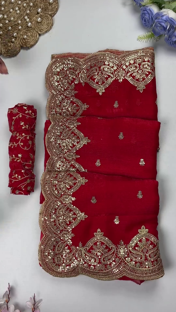 Premium Bridal Red Heavy Embroidered Partywear Saree with Designer Blouse Fabric