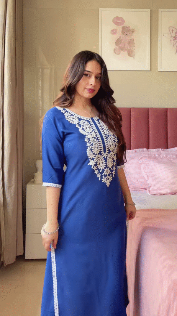 Purple Floral Embroidered Tunic with Light Blue Pants – Elegant Ethnic Co-Ord Set for Women