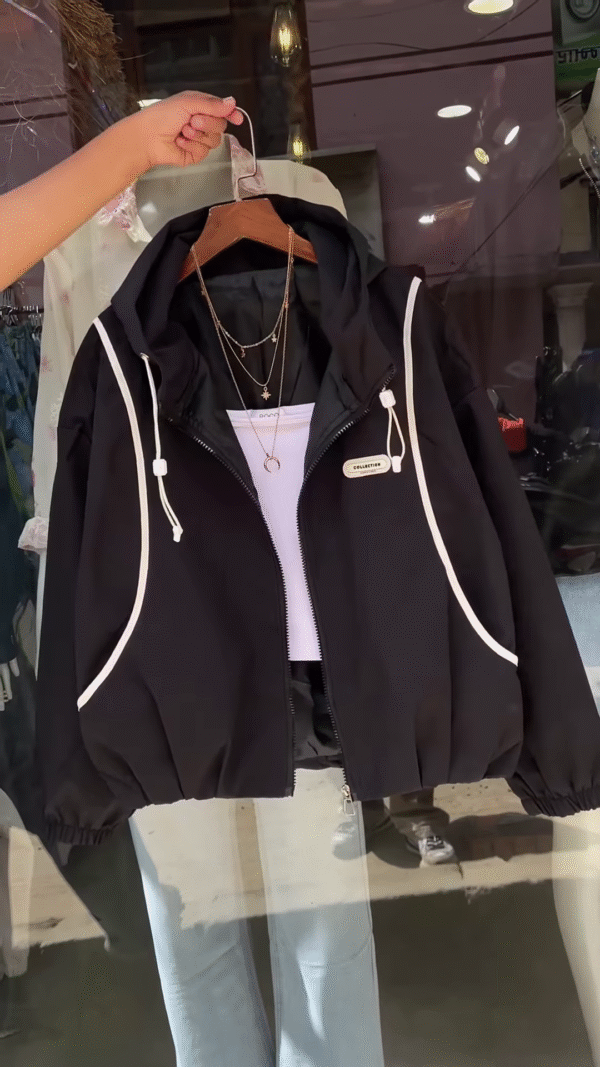 Purple Hooded Jacket with White Trim – Casual Streetwear Layer for Women