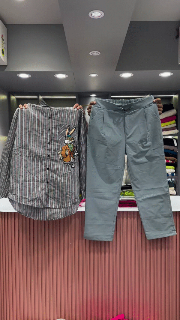 Quirky Striped Shirt with Patches and Neon Pants