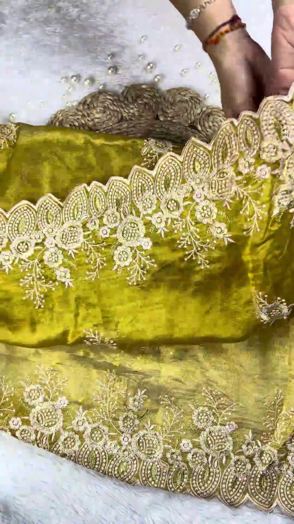 Regal Maroon Embroidered Blouse with Olive Green Scalloped Saree Set