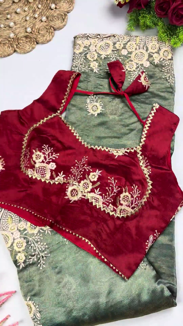 Royal Maroon Heavy Embroidered Designer Blouse with Olive Green Saree Set