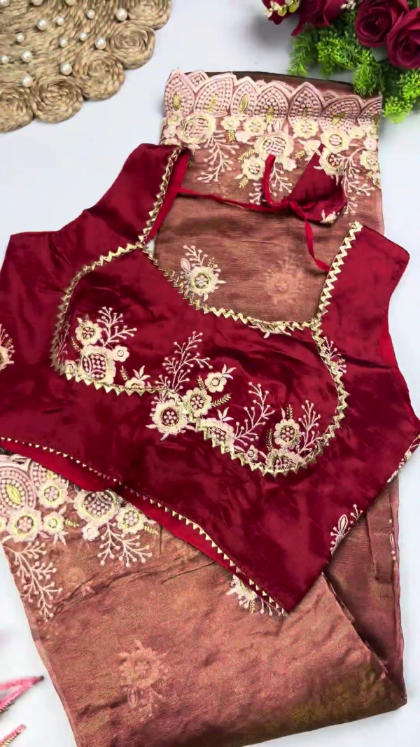 Royal Maroon Heavy Embroidered Designer Blouse with Olive Green Saree Set