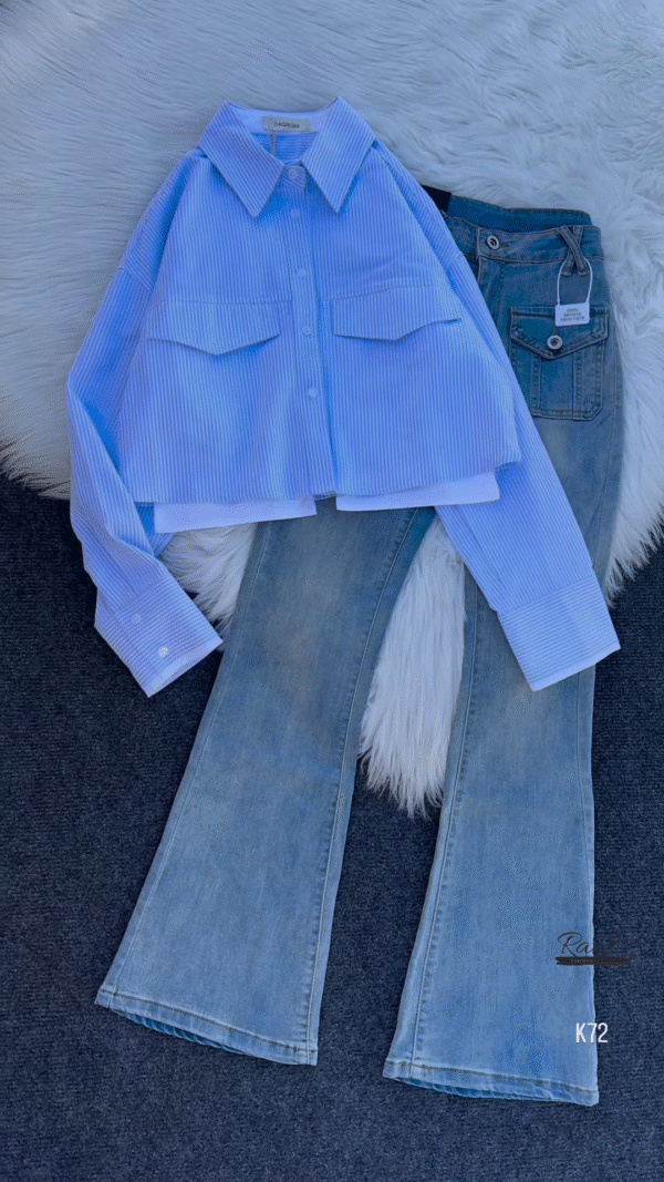 Striped Cropped Shirt with Flared Denim Jeans – Trendy & Chic
