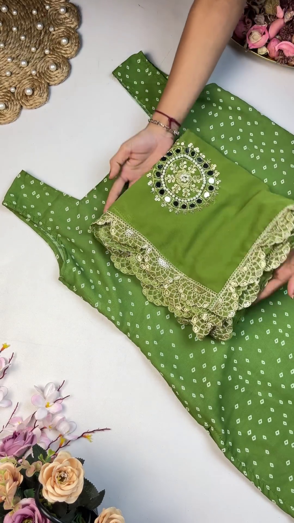Vibrant Bandhani Georgette Suit with Circular Mirror-Work Medallions