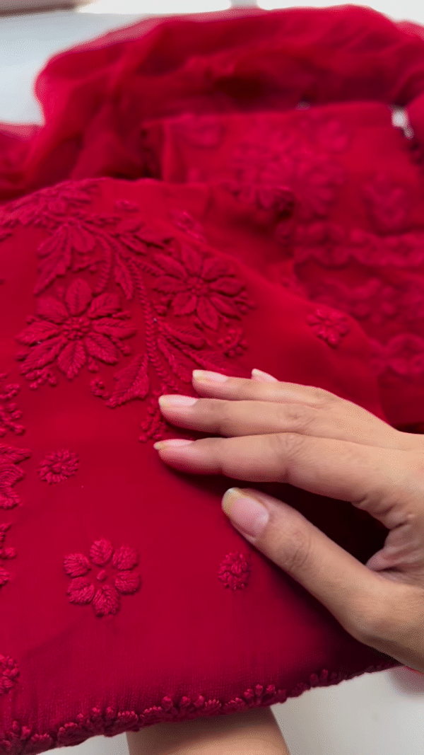Vibrant Red Chikankari Kurta with Matching Dupatta