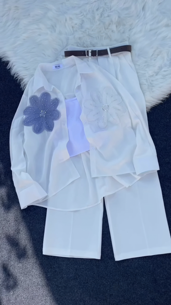 White Floral Embroidered Shirt with Tube Top & Pants – Elegant Layered Casualwear for Women