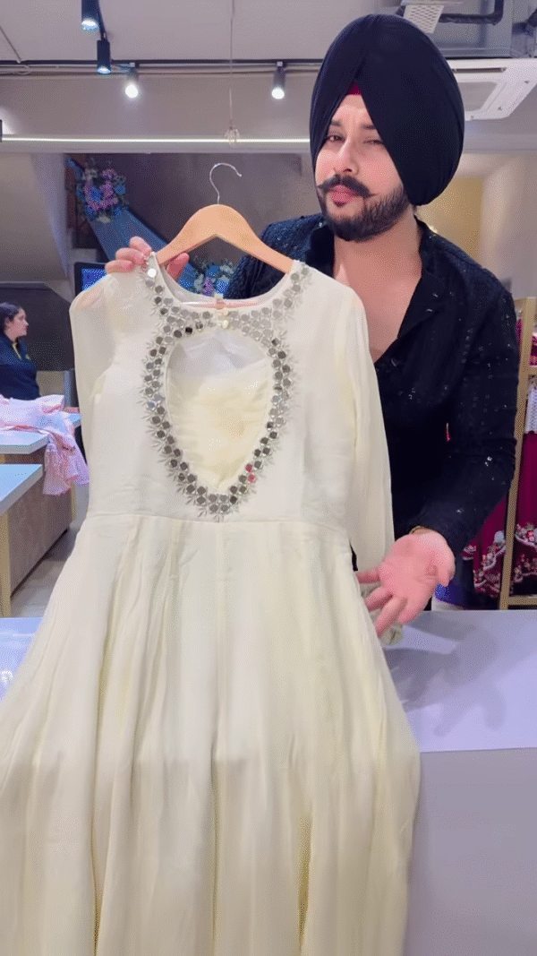 White Mirror Work Anarkali Suit with Gold-Embroidered Dupatta – Elegant Festivewear for Women